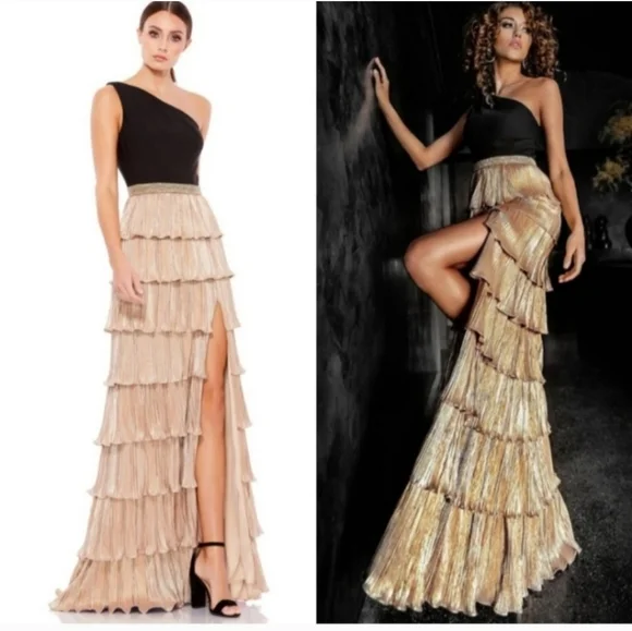 Mac Duggal Ieena Gold & Black One Shoulder Tiered Ruffle Maxi Gown - Picture 1 of 12